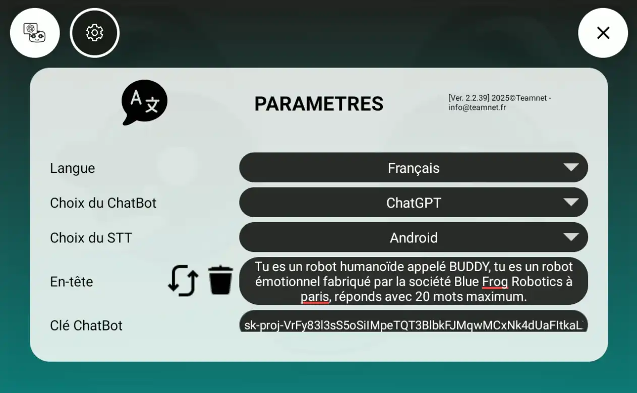 TeamChat - Ecran de paramètres prompt