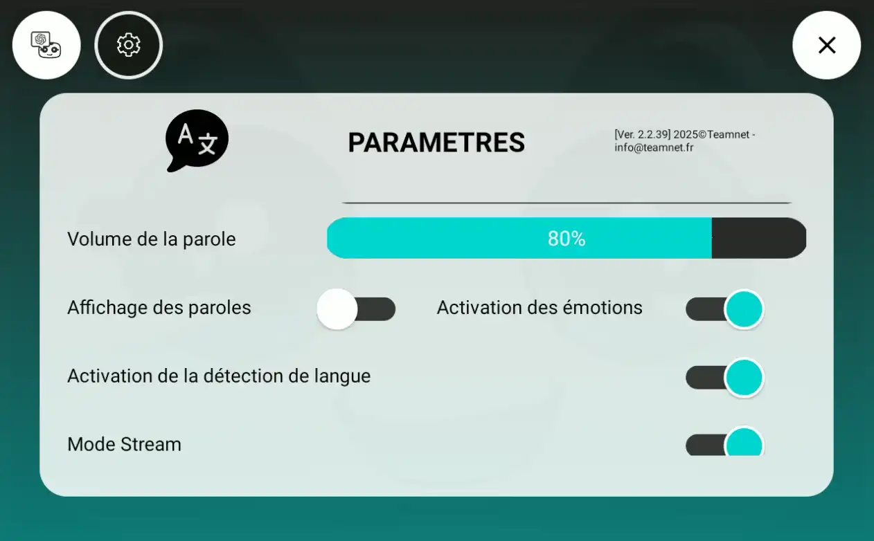 TeamChat - Ecran de paramètres